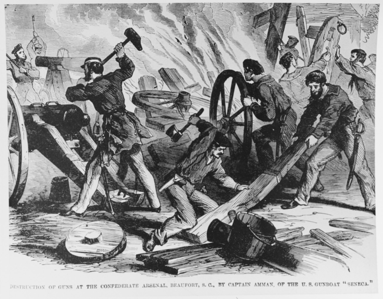 Photo #: NH 58799  &quot;Destruction of Guns at the Confederate Arsenal, Beaufort, S.C., by Captain Amman, of the U.S. Gunboat 'Seneca.'&quot;