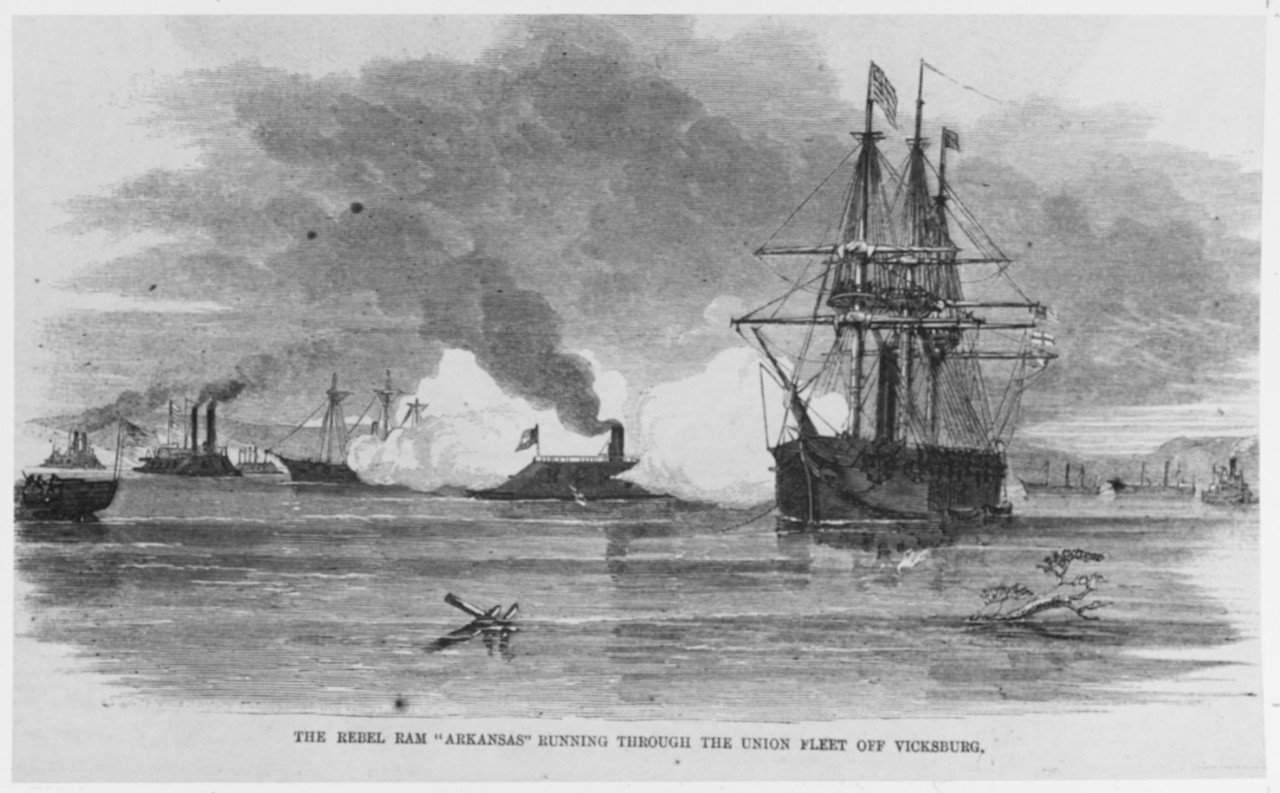Photo #: NH 58892  &quot;The Rebel Ram 'Arkansas' Running Through the Union Fleet off Vicksburg&quot;
