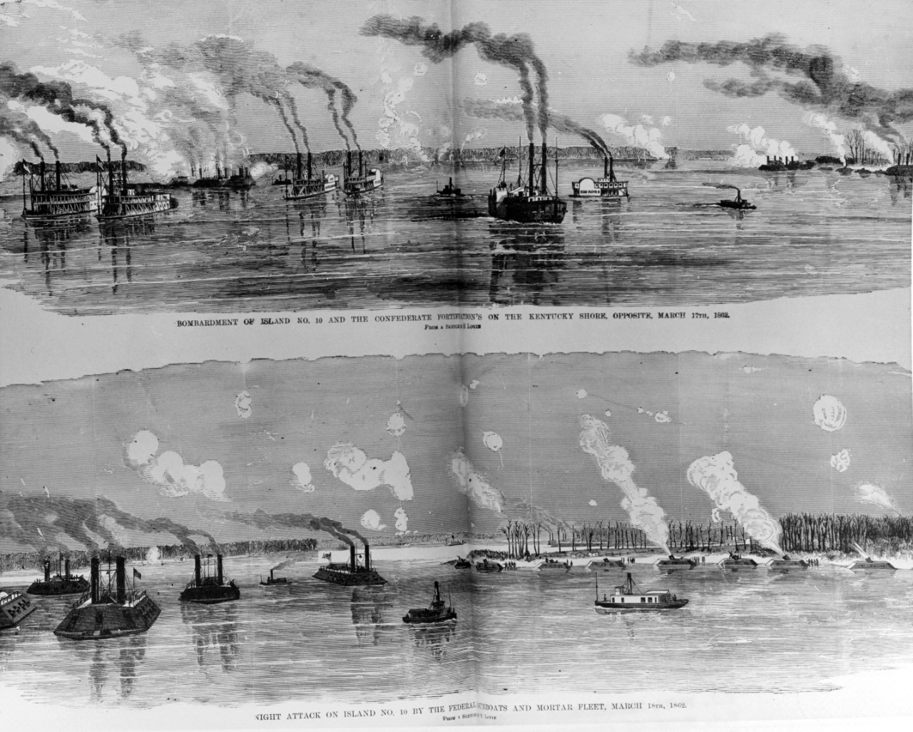 Top: Bombardment of Island Number Ten and Confederate Fortifications in Kentucky on 17 March 1862