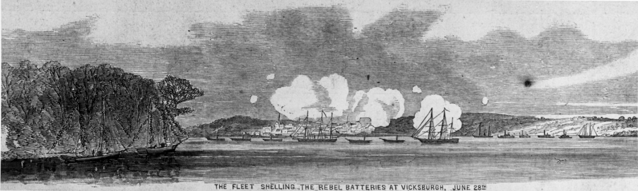 The Union Fleet Shelling Confederate Batteries at Vicksburg