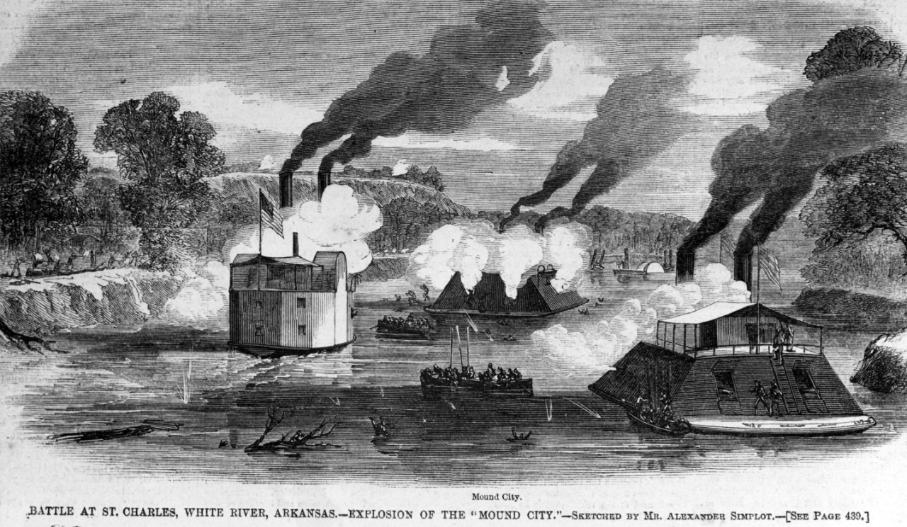 Photo #: NH 59057  &quot;Battle at St. Charles, White River, Arkansas--Explosion of the 'Mound City'&quot;