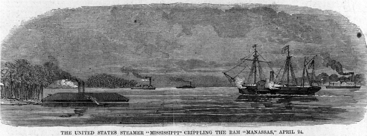 Photo #: NH 59075  &quot;The United States Steamer 'Mississippi' crippling the Ram 'Manassas,' April 24.&quot;