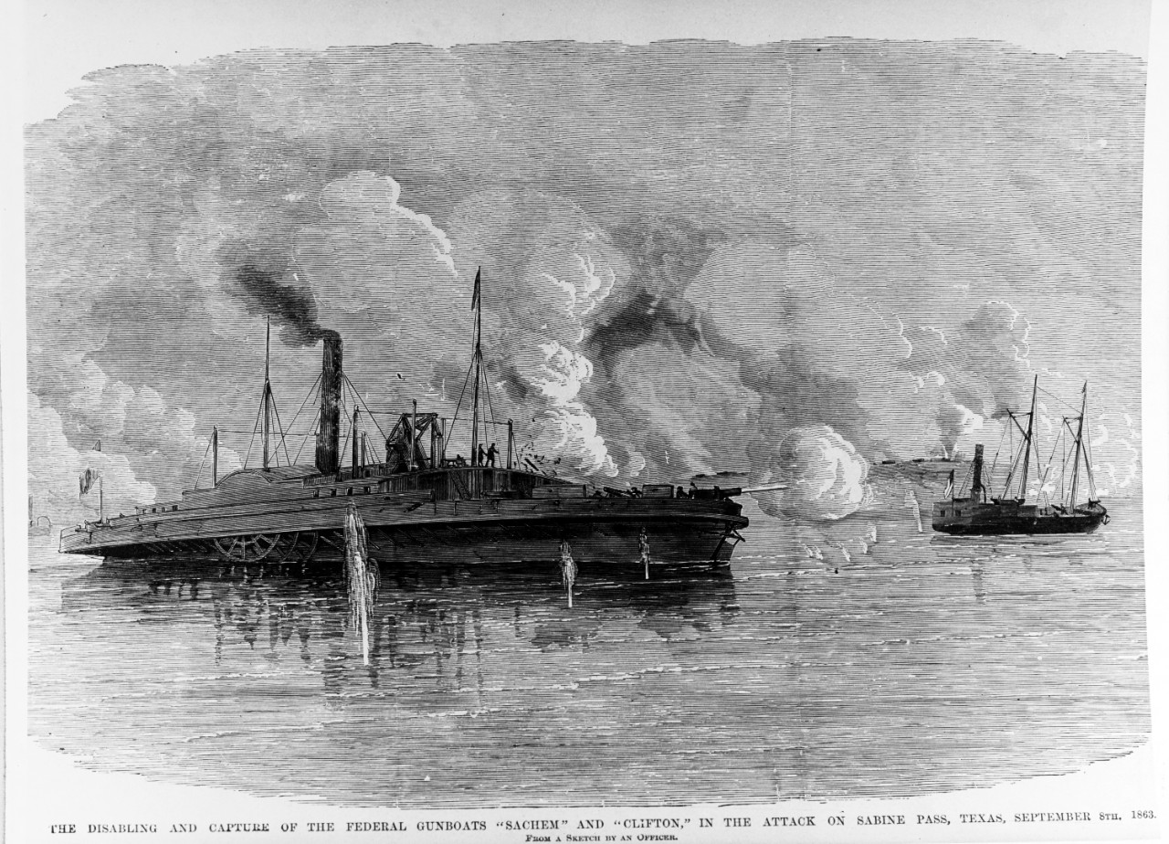 Photo #: NH 59143  &quot;The Disabling and Capture of the Federal Gunboats 'Sachem' and 'Clifton', in the Attack on Sabine Pass, Texas, September 8th, 1863.&quot;