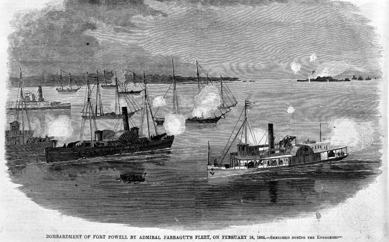 Photo #: NH 59144  &quot;Bombardment of Fort Powell by Admiral Farragut's Fleet, on February 24, 1864.&quot;