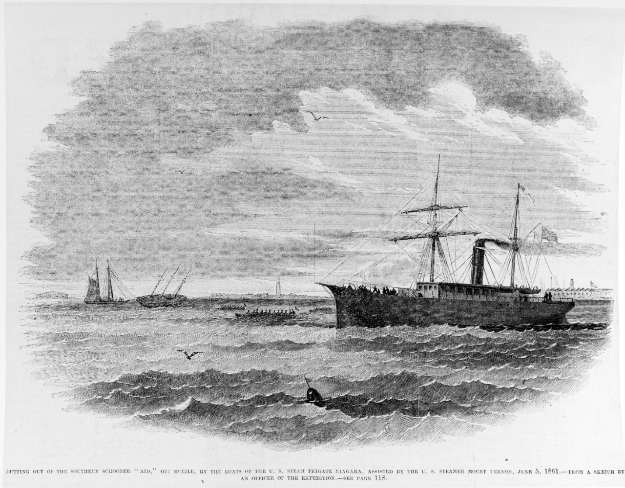 Photo #: NH 59145  &quot;Cutting Out of the Southern Schooner 'Aid,' off Mobile, by the Boats of the U.S. Steam Frigate Niagara, assisted by the U.S. Steamer Mount Vernon, June 5, 1861.&quot;