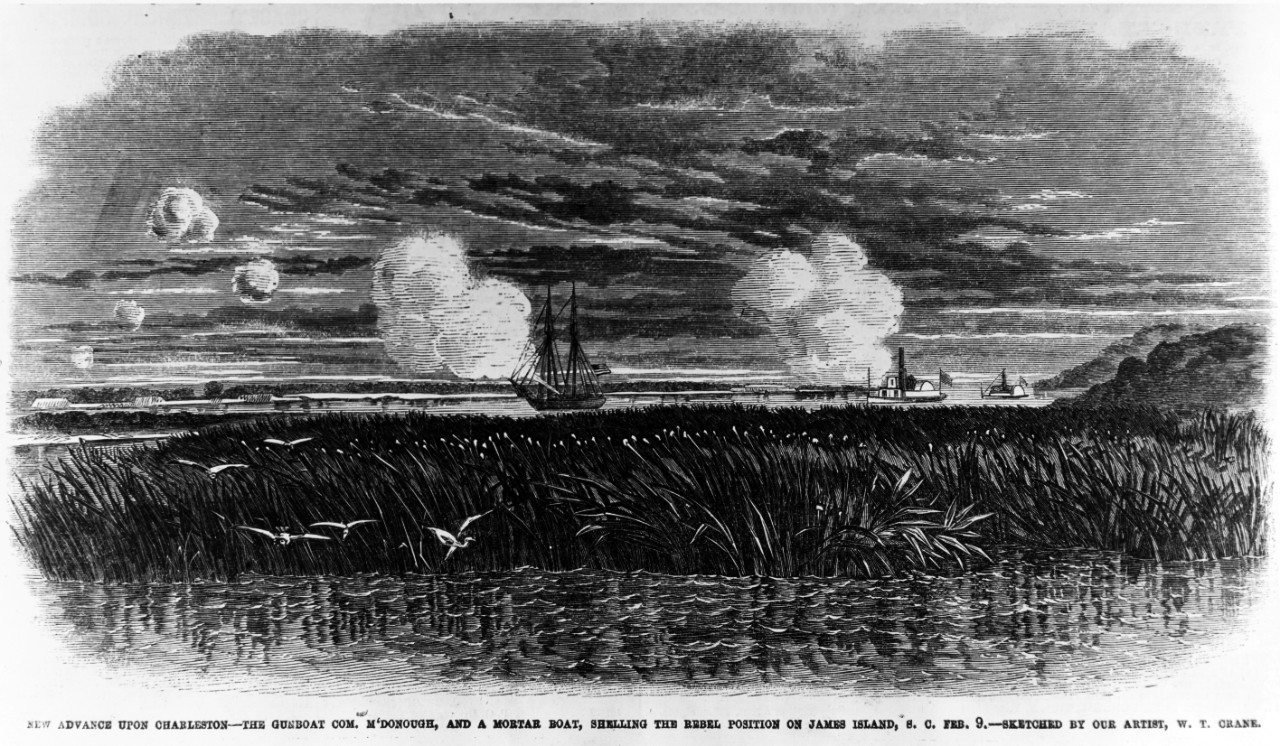 Photo #: NH 59160  &quot;New Advance upon Charleston -- The Gunboat Com. M'Donough, and a Mortar Boat, shelling the Rebel Position on James Island, S.C., Feb. 9.&quot;