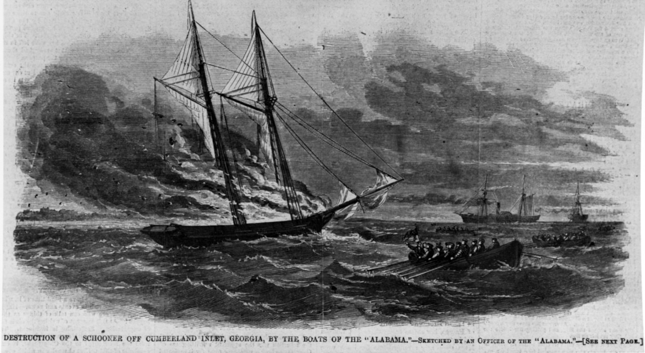 Photo #: NH 59349  &quot;Destruction of a Schooner off Cumberland Inlet, Georgia, by the Boats of the 'Alabama' -- Sketched by an Officer of the 'Alabama'.&quot;