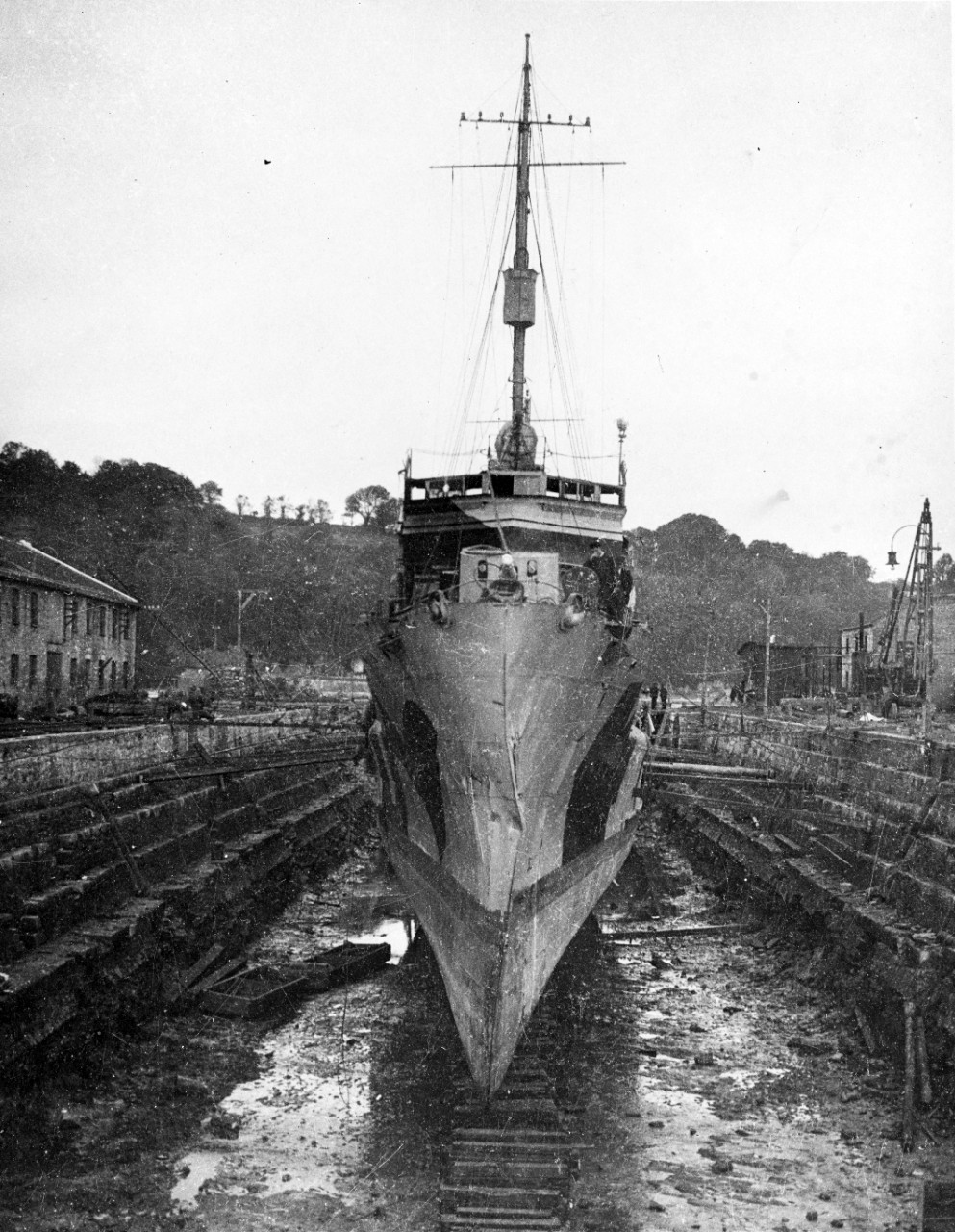 USS DAVIS (DD-65) in drydock at Queenstown, Ireland, for repair of collision damage to bow, 1918