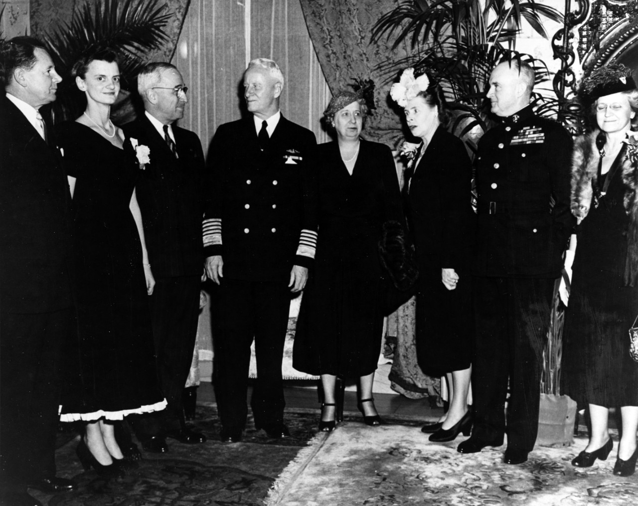 President Truman, Secretary of Navy Sullivan, Fleet Admiral Nimitz, General Vandegrift, and their Wives