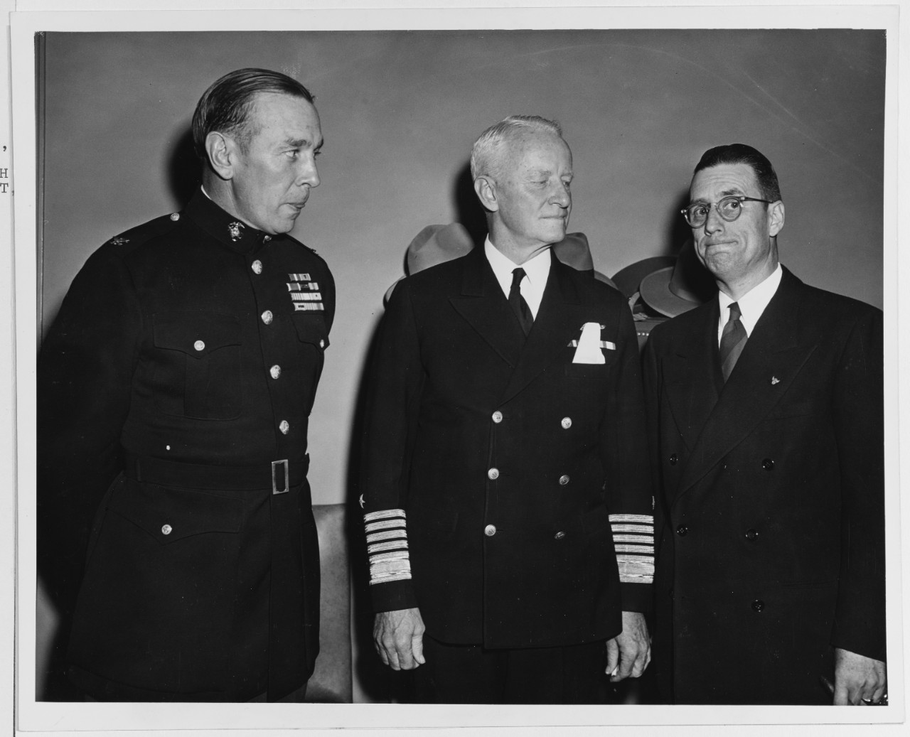Fleet Admiral Nimitz shown with Colonel J.R. Lanigan and Mr. Rex V. Lentz