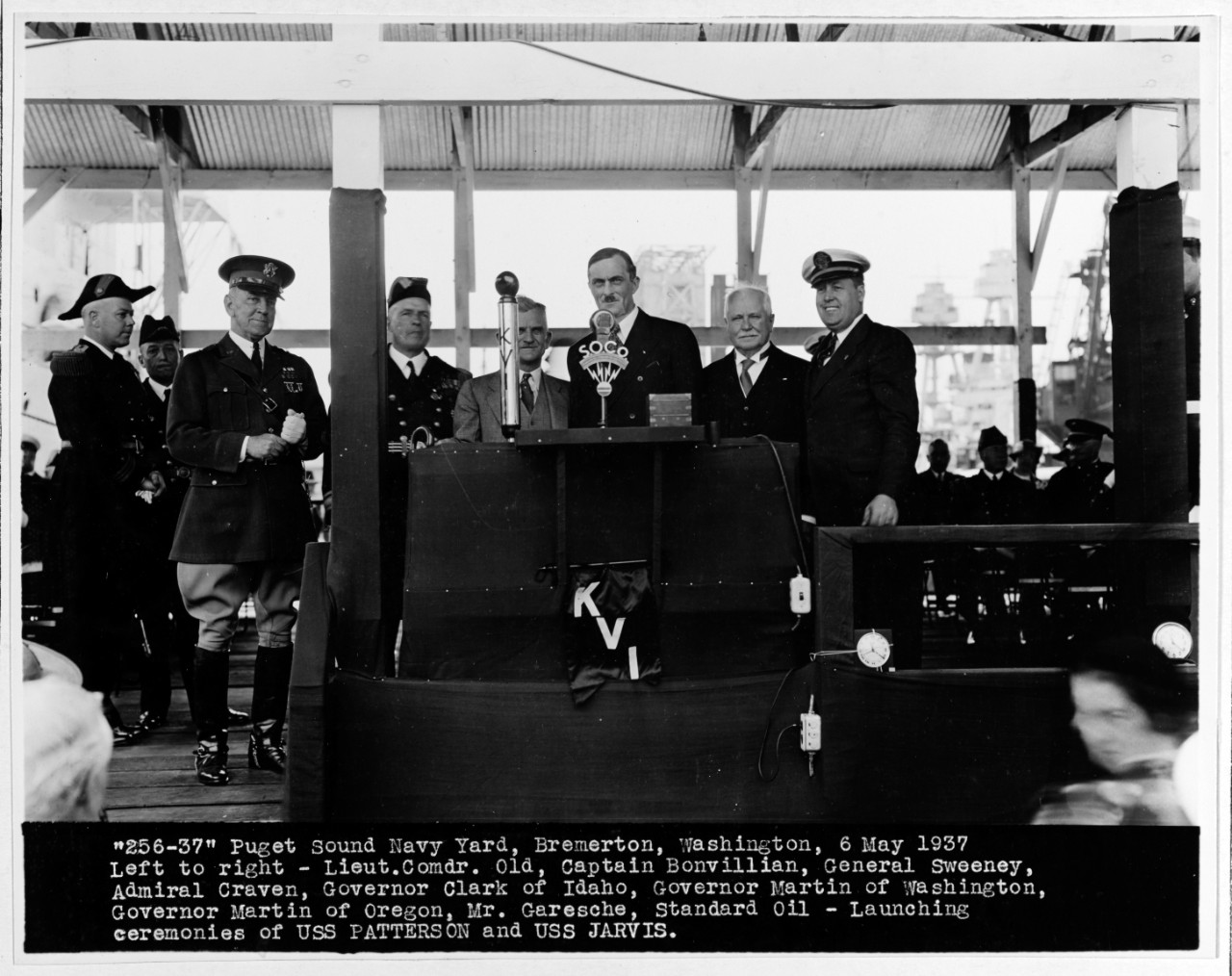 Dignitaries at launching ceremonies of USS PATTERSON (DD-392) and USS JARVIS (DD-393), May 6, 1937.