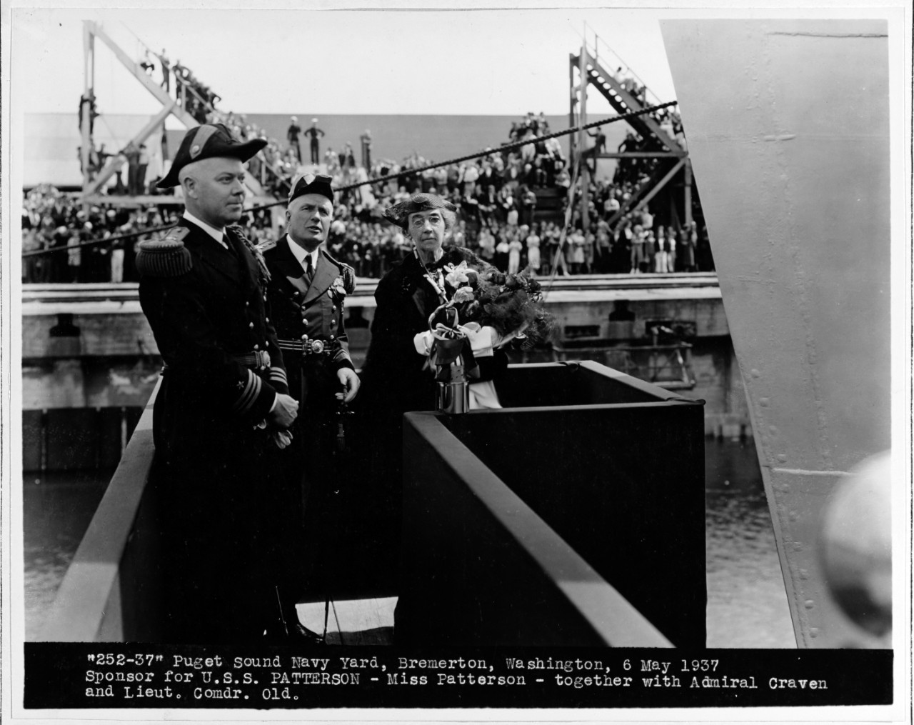 Miss Elizabeth P. Patterson, Sponsor of USS PATTERSON (DD-392), with Lieutenant Commander Old and Rear Admiral Craven