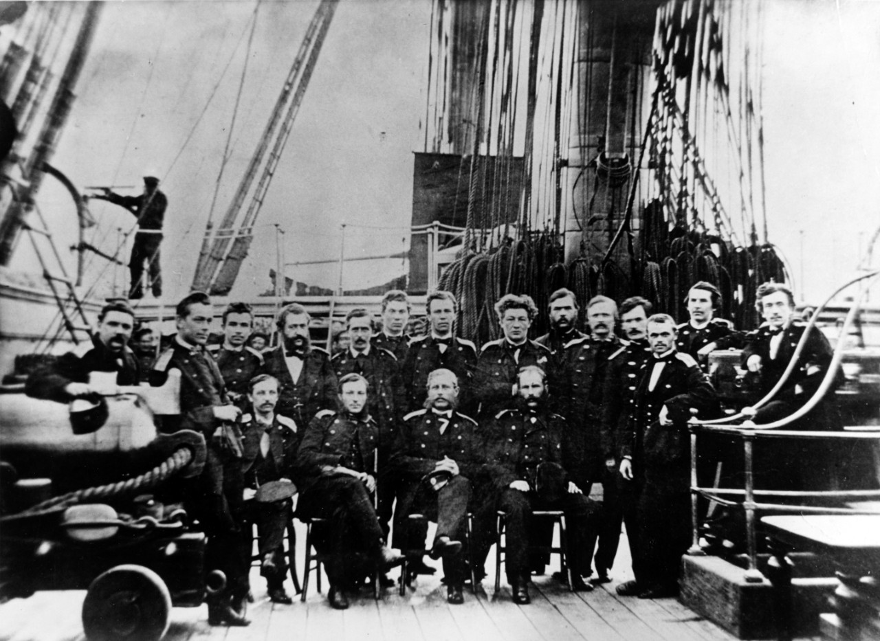 Russian Atlantic Squadron officers on board OSLIABIA, visiting Boston, Massachusetts, in 1863. 