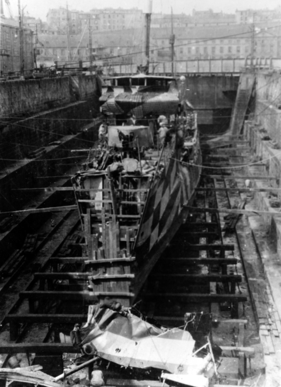 USS JARVIS (DD-38) in drydock at Brest, France after a collision with USS BENHAM (DD-49) on July 22, 1918. 