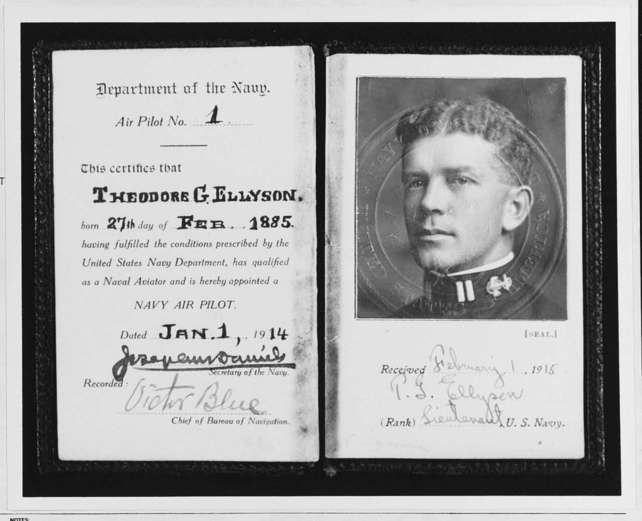 Navy Air Pilot certificate, Theodore G. Ellyson