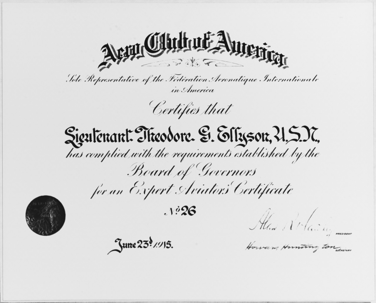 Ellyson's Aero Club of America certificate