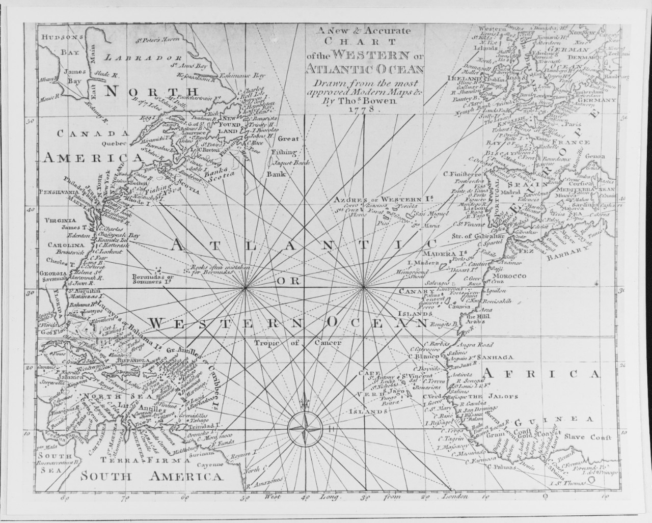 "A new & accurate chart of the western or Atlantic Ocean drawn from the most approved modern maps & C by Thos. Bowen 1778."