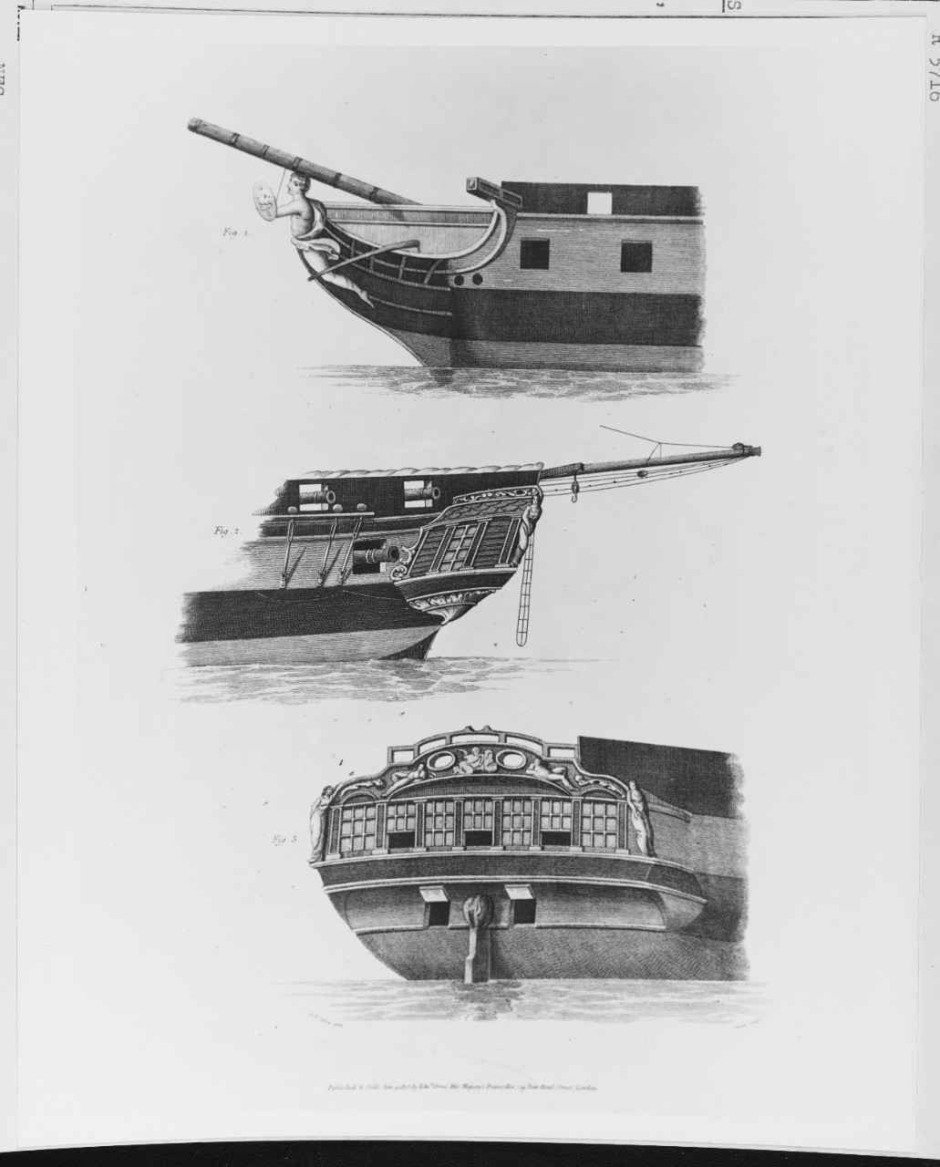 Head, Stern, and quarter of a frigate, about 1800