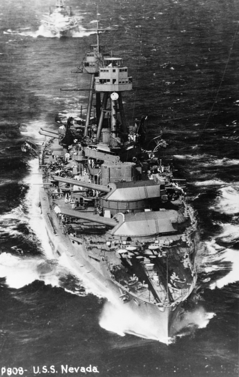 USS Oklahoma (BB-37) during battle practice, 24 March 1930. NOTE: Identification on negative as USS Nevada is NOT correct. Courtesy of Mr. Donald M. McPherson, 1969.