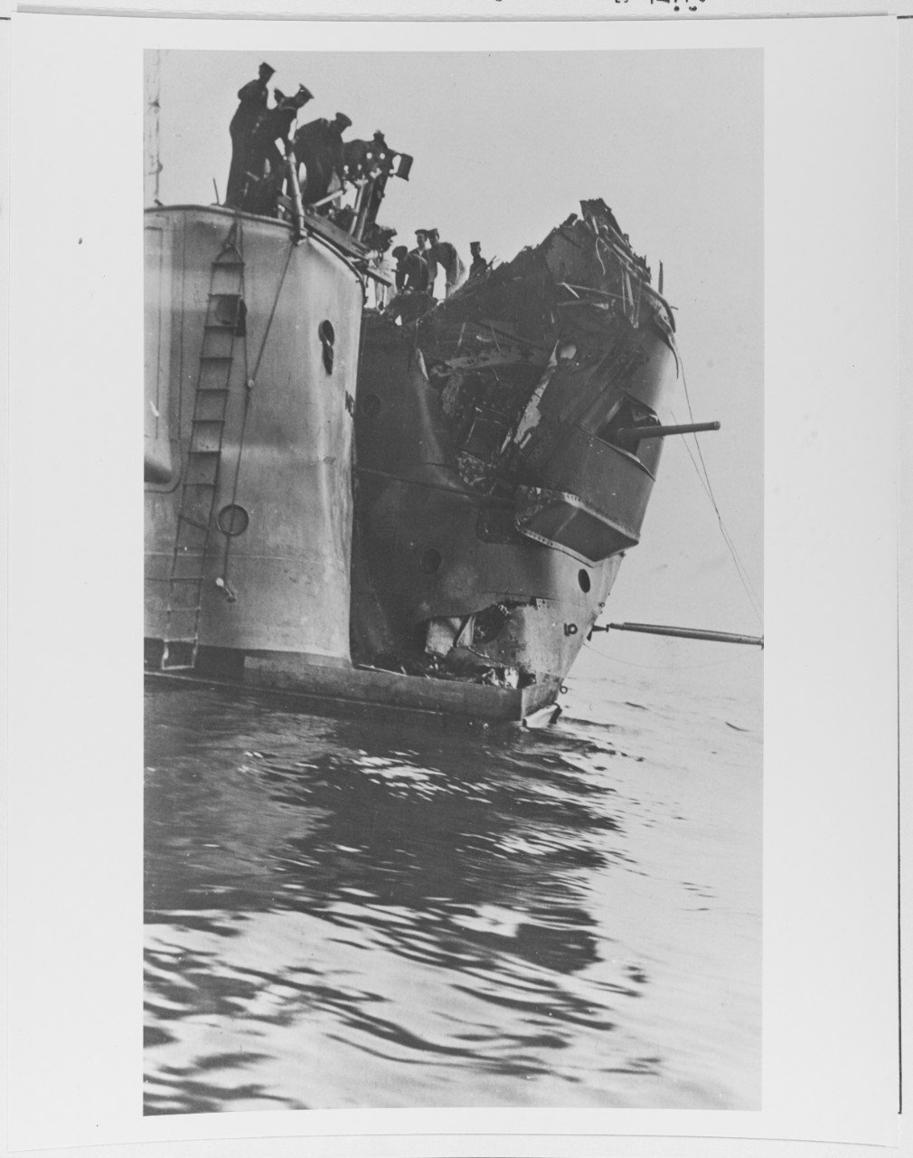 Damaged stern of the battleship USS New Hampshire (BB-25), caused during a collision with the Fall River steamship Commonwealth, July 1912.