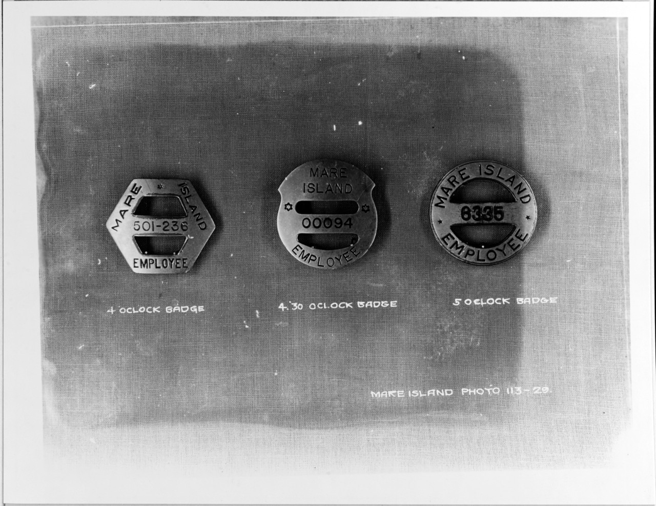 Employee badges, Mare Island Navy Yard, California, 1929.