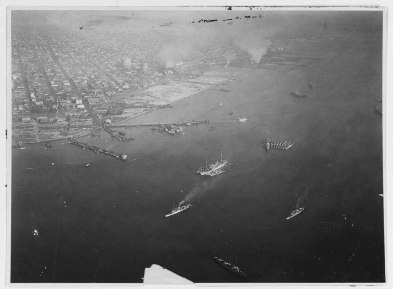 Navy ships off San Diego, California, circa 1925.