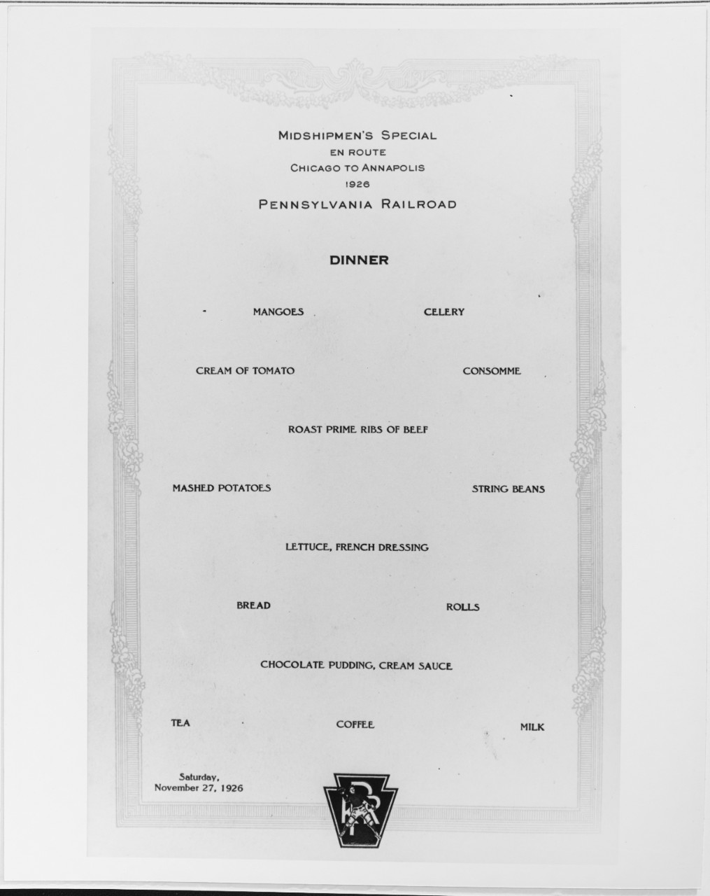 Dinner menu for 27 November 1926.