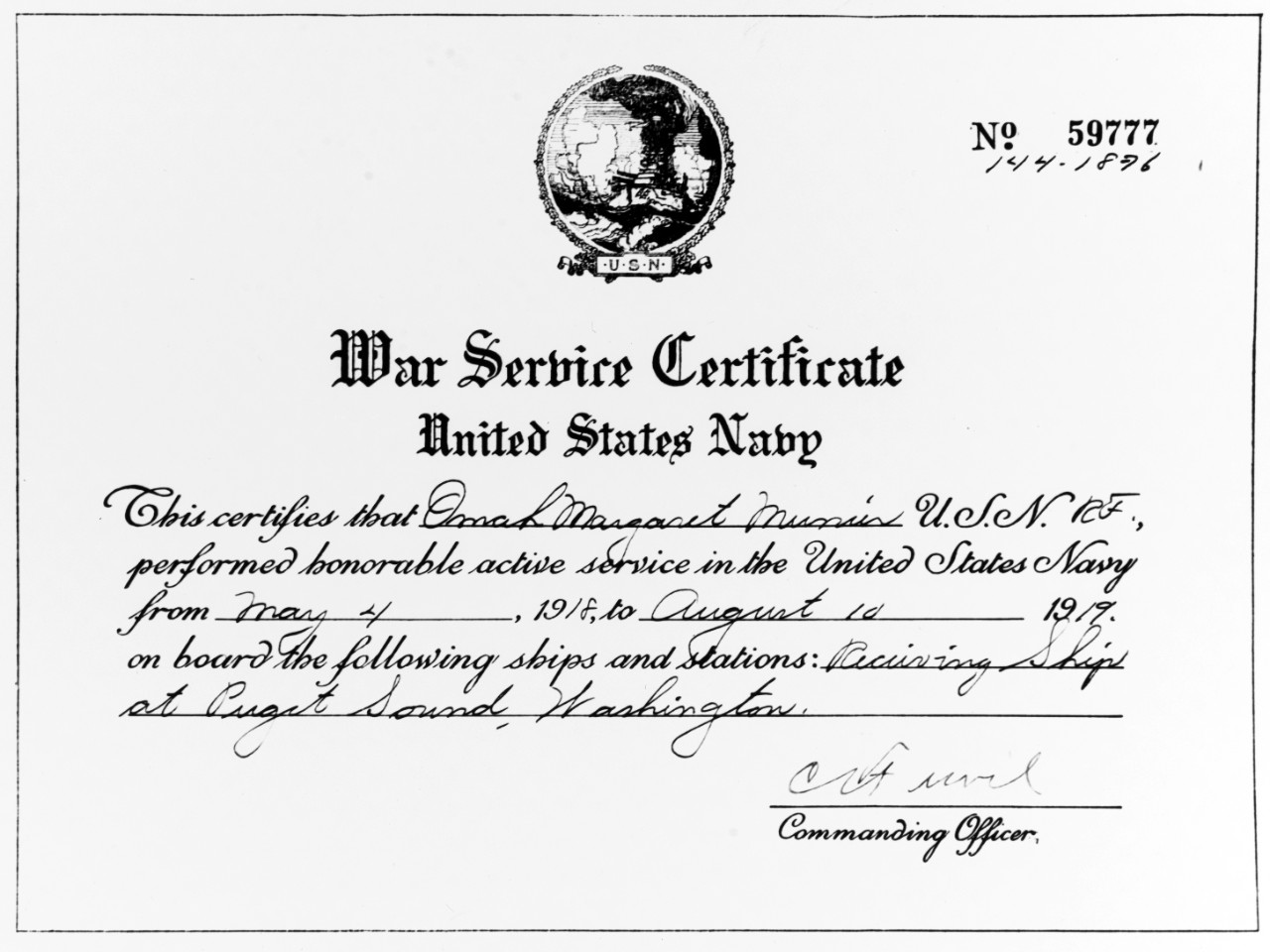 Photo #: NH 72837  War Service Certificate