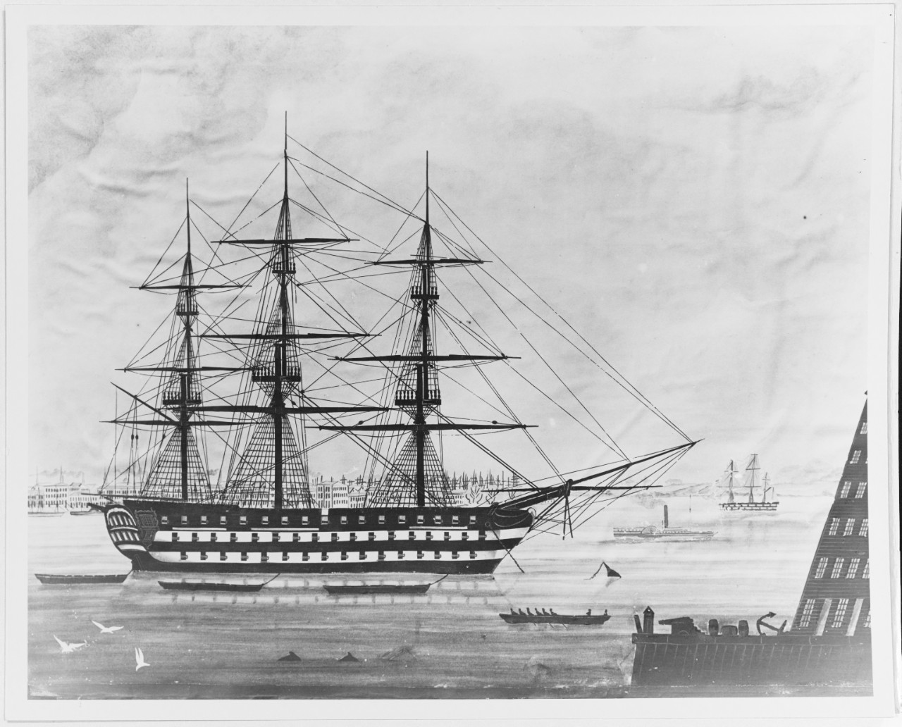 Ship of the Line at anchor off the Gosport Navy Yard, Virginia. Circa 1830.