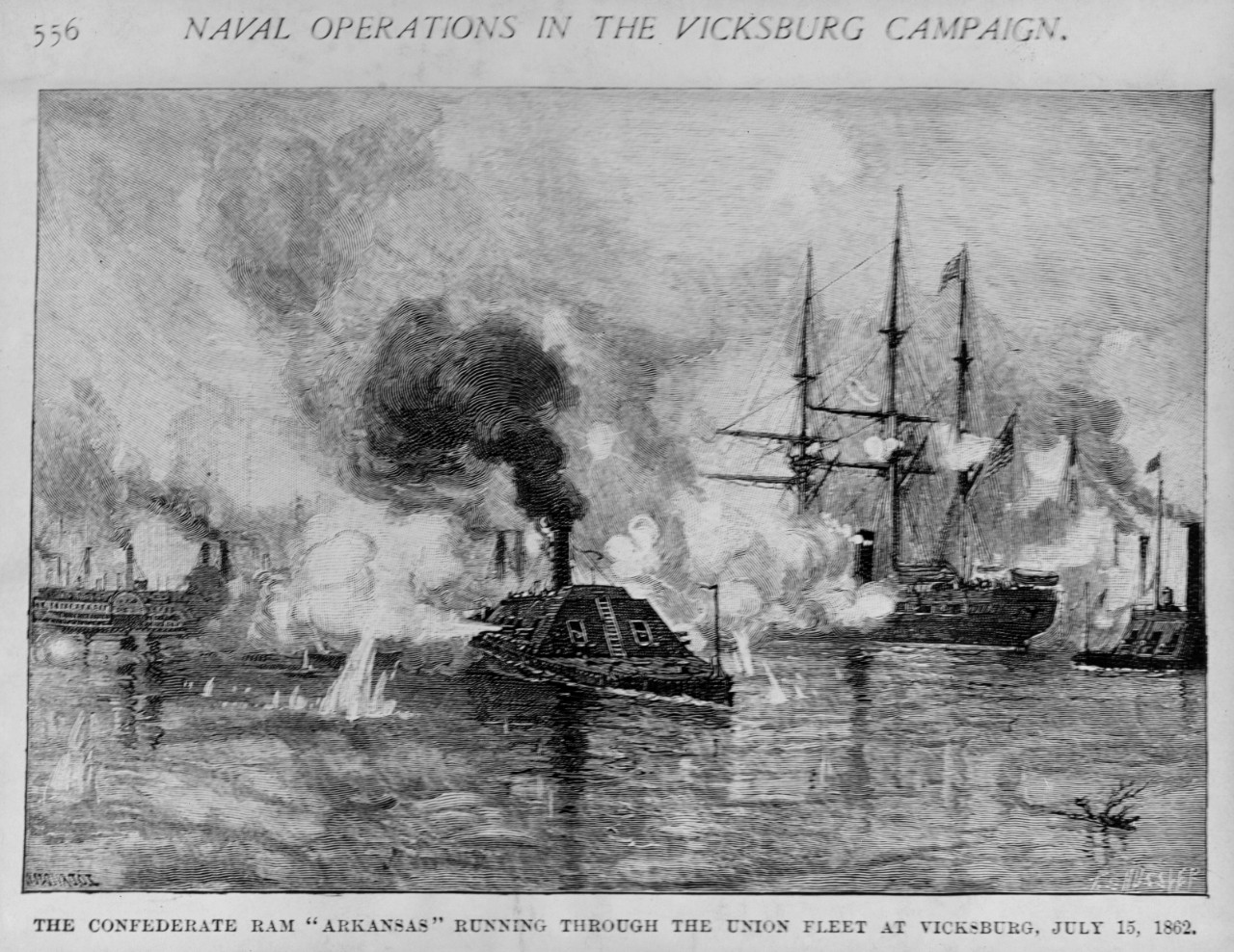Photo #: NH 73378  CSS Arkansas running through the Union fleet above Vicksburg, Mississippi, 15 July 1862