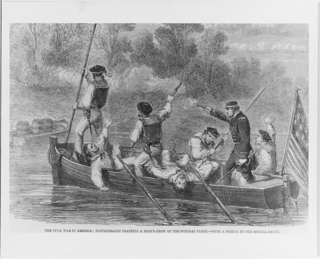 Photo #: NH 73987  &quot;Confederates Trapping a Boat's Crew of the Potomac Fleet&quot;