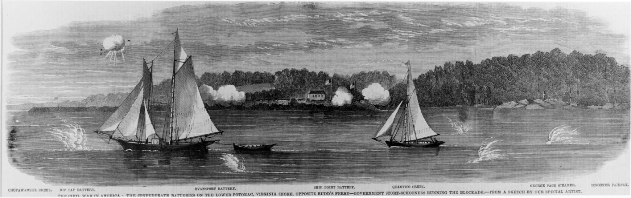 Photo #: NH 73988  &quot;The Confederate Batteries on the Lower Potomac, Virginia Shore, Opposite Budd's Ferry -- Government Store Schooners Running the Blockade&quot;