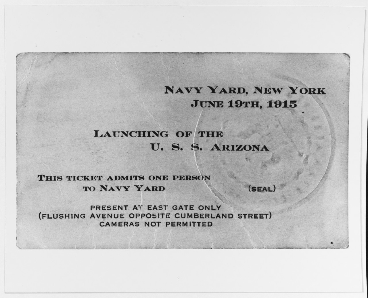 USS ARIZONA (BB-39) Launching Ticket