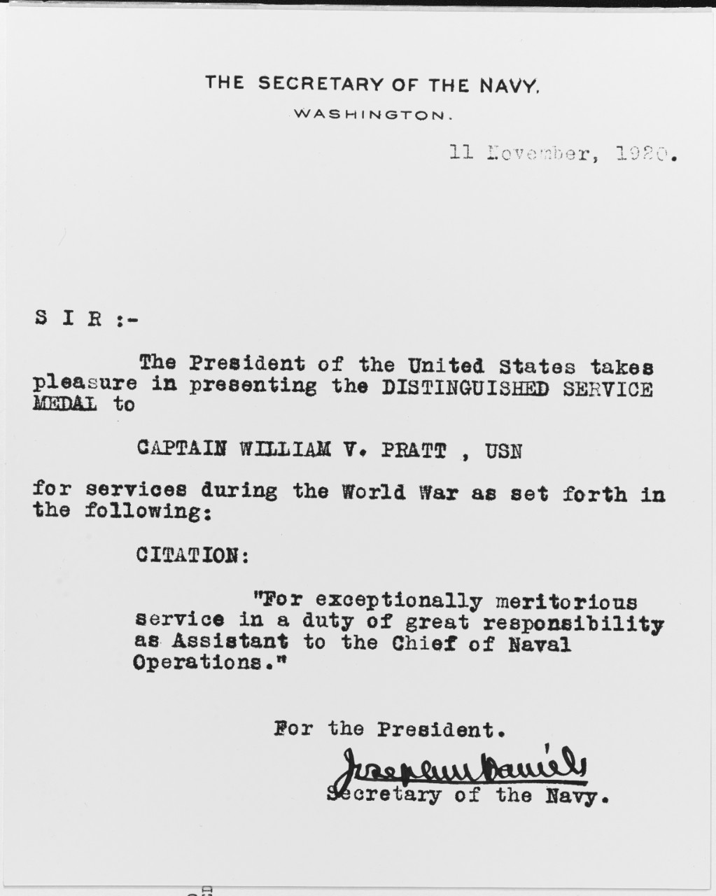 Letter to Captain William V. Pratt, USN