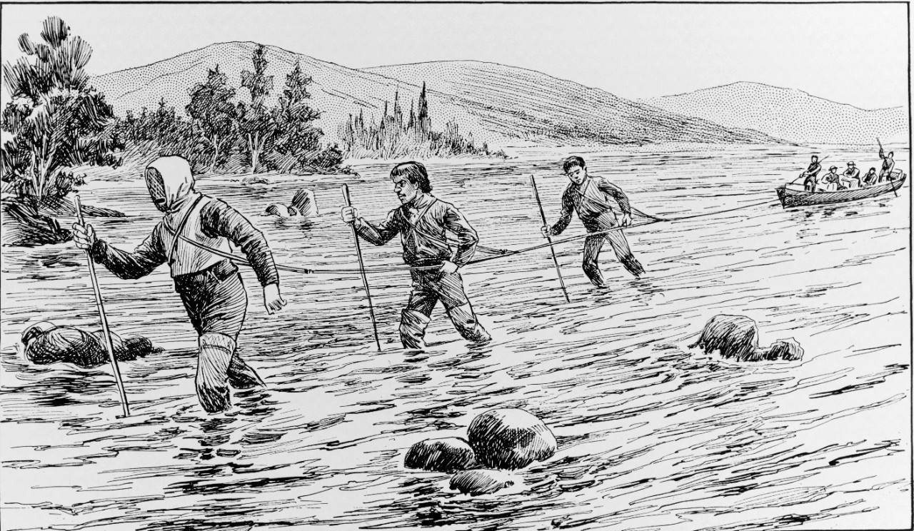 Tracking up the Putnam River, Alaska, July 1884.