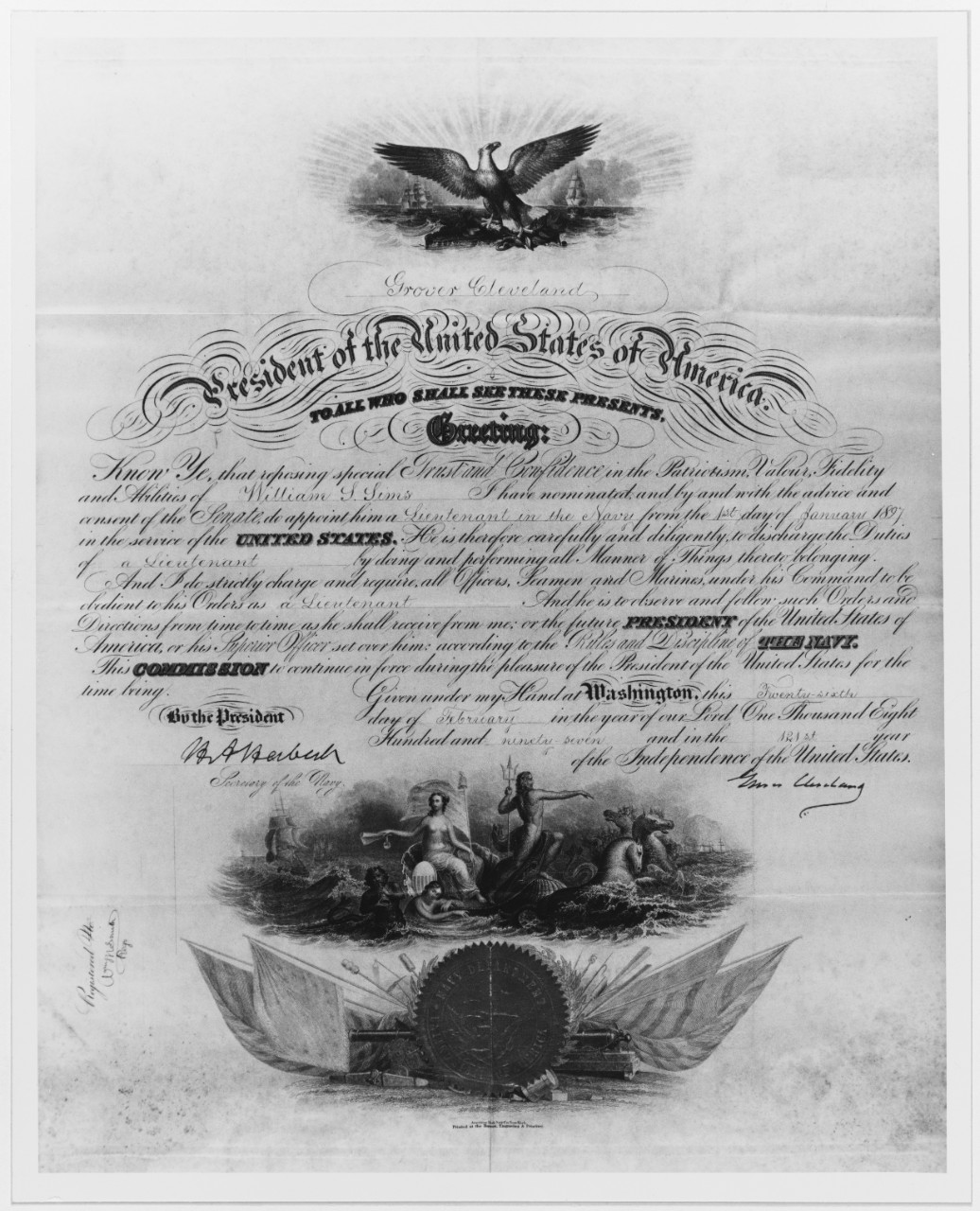 Commissioning certificate for William S. Sims, as Lieutenant in the Navy, dated 1 January 1897.