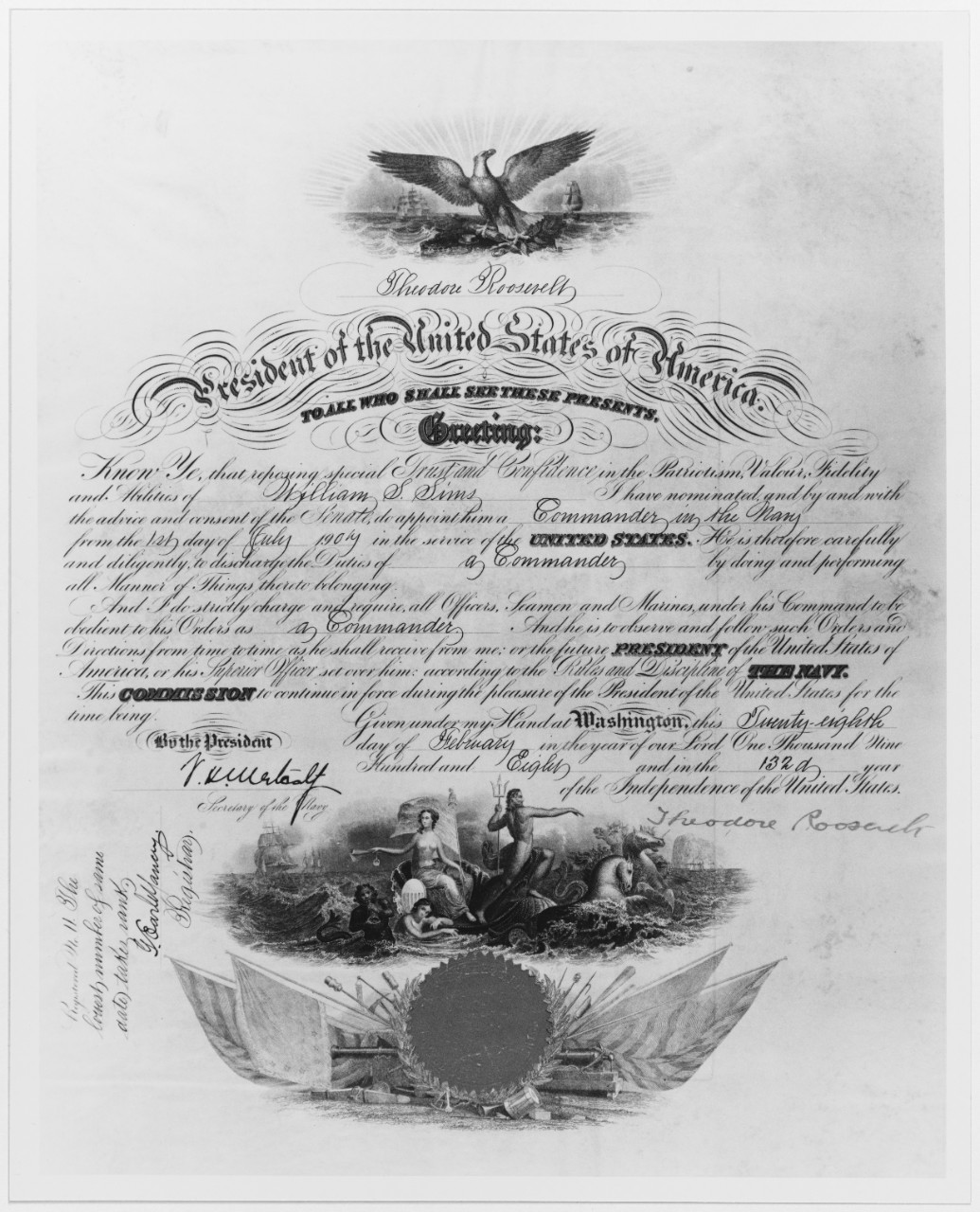 Commissioning certificate for William S. Sims, as Commander in the Navy