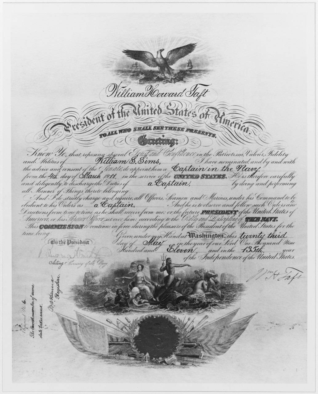 Commissioning certificate for William S. Sims, as Captain in the Navy