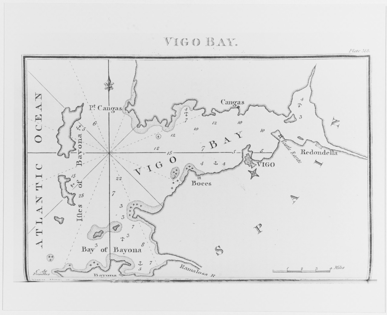 Vigo Bay, Spain. Chart published in the Naval Chronicle, London, 1818
