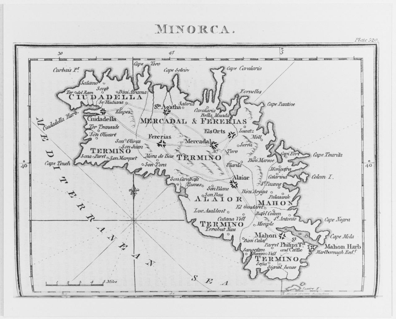 Minorca, Balearic Islands Map published in the Naval Chronicle, London, 1818