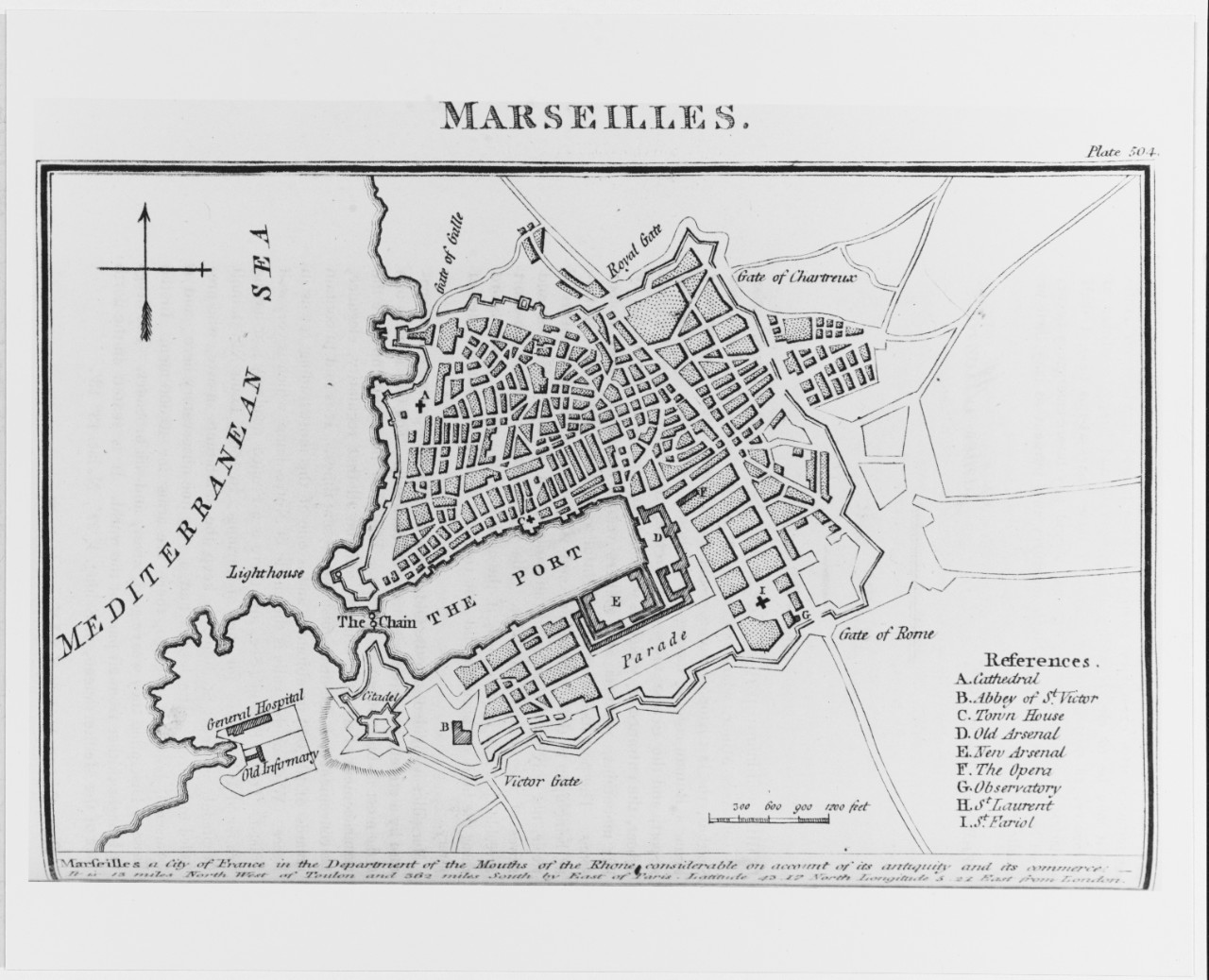 Marseilles, France. Map published in the Naval Chronicle, London, 1818
