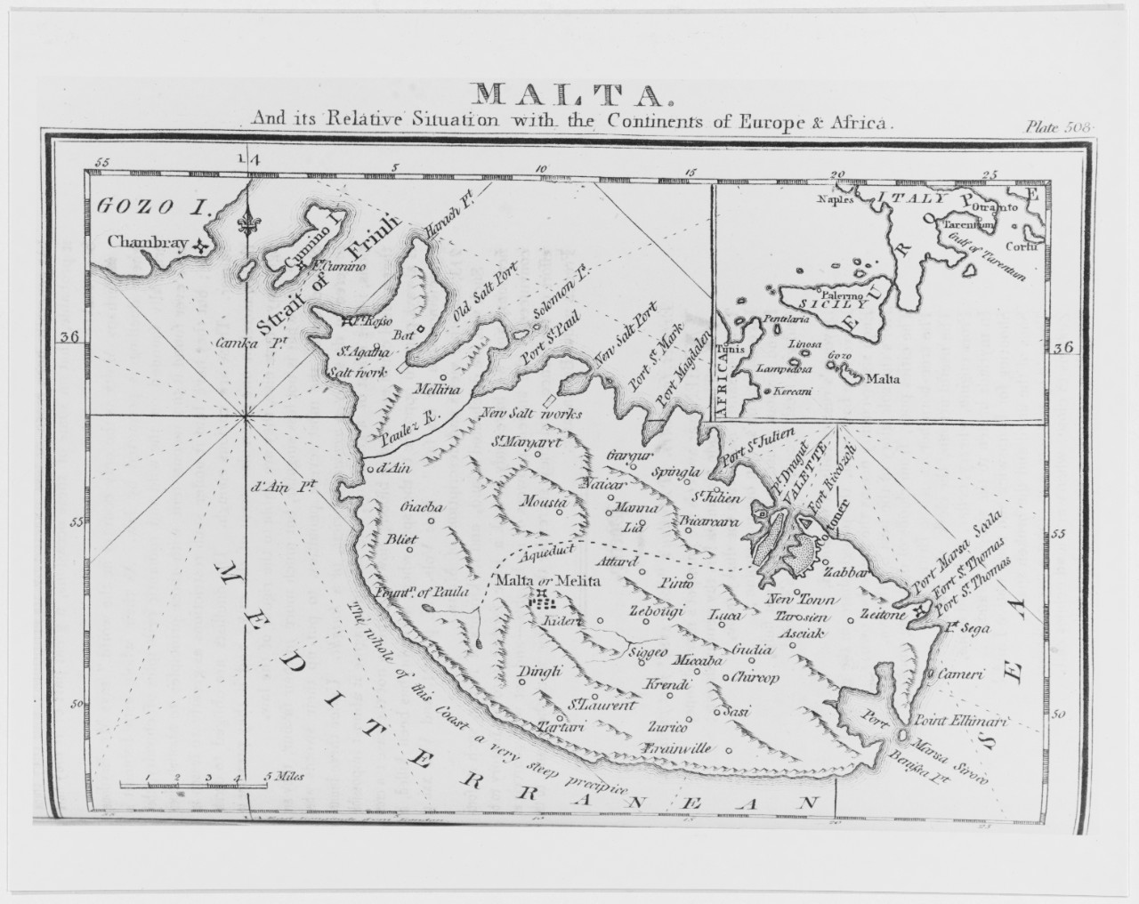 Malta. Chart published in the Naval Chronicle, London, 1818