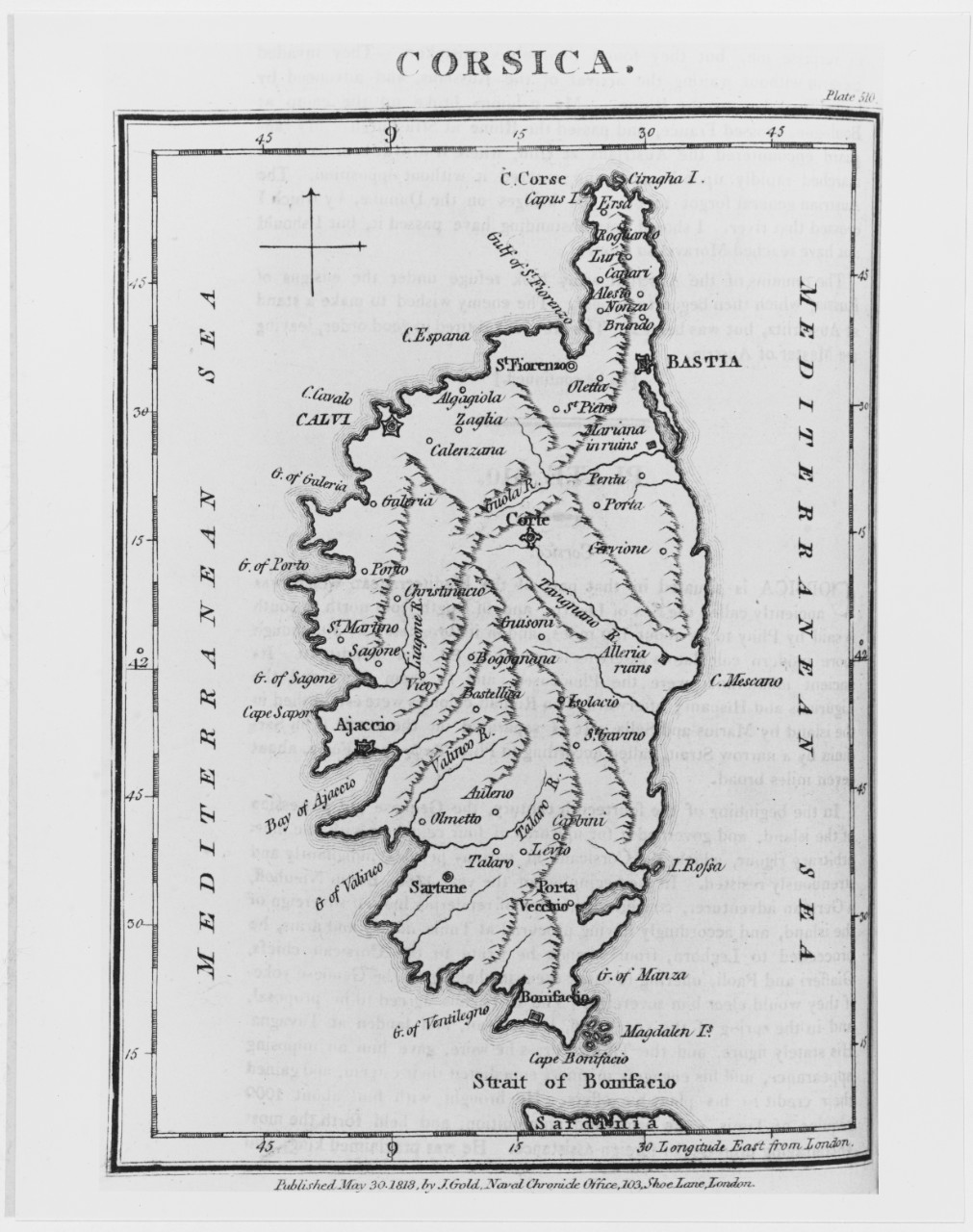 Corsica. Map published in the Naval Chronicle, London, 1818