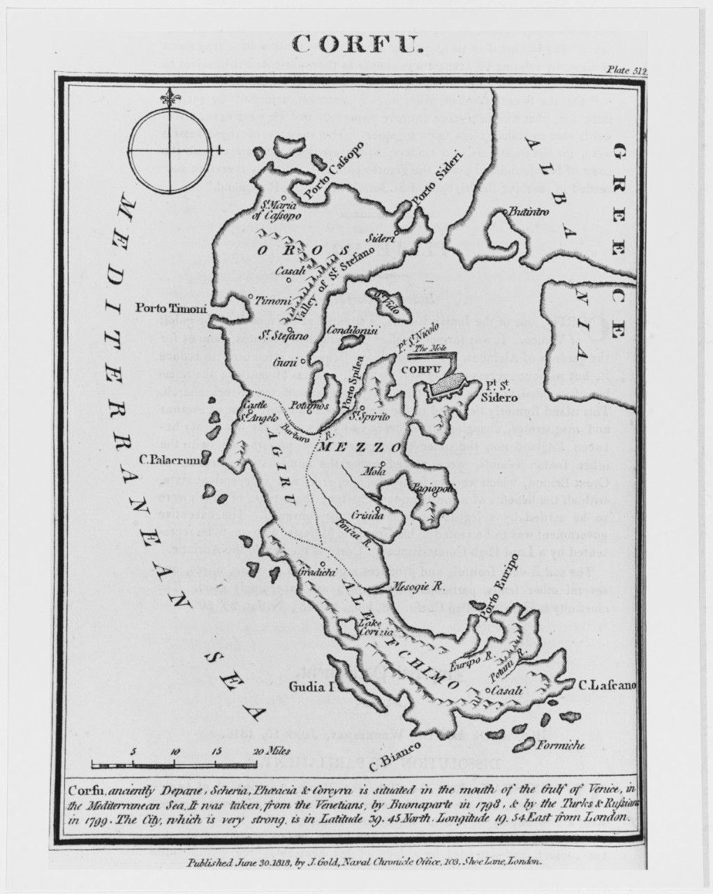 Island of Corfu, Greece. Map, 1818