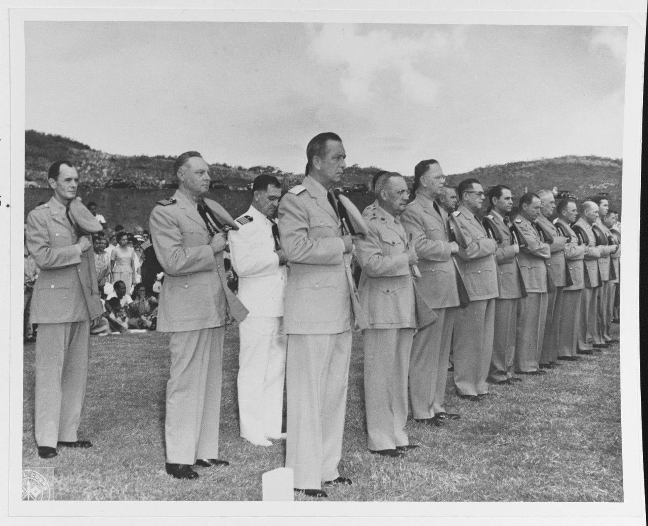 Burial service for Ernie Pyle, Punchbowl Memorial Cemetery of the Pacific, Oahu, Hawaii, 19 July 1949.