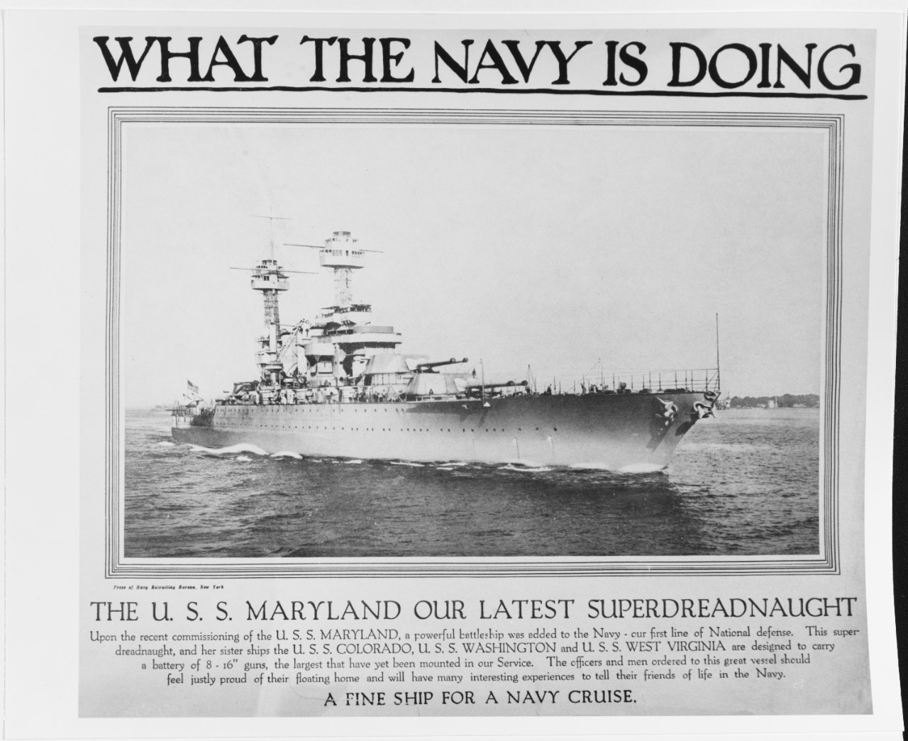 Recruiting Poster: What the Navy is Doing: the USS MARYLAND, our Latest Superdreadnaught