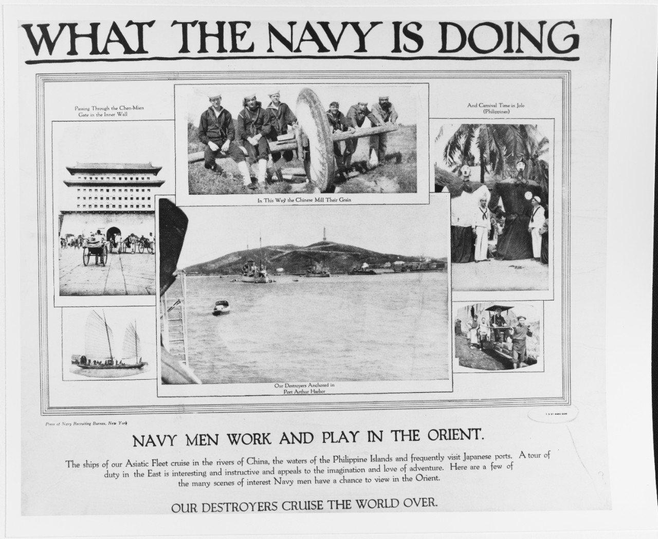 Recruiting Poster: What the Navy is Doing: Navy Men Work and Play in the Orient