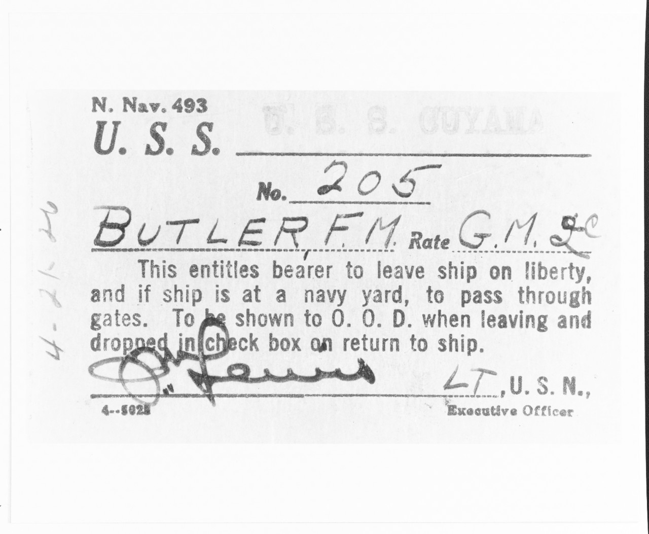 USS CUYAMA (AO-3) liberty ticket