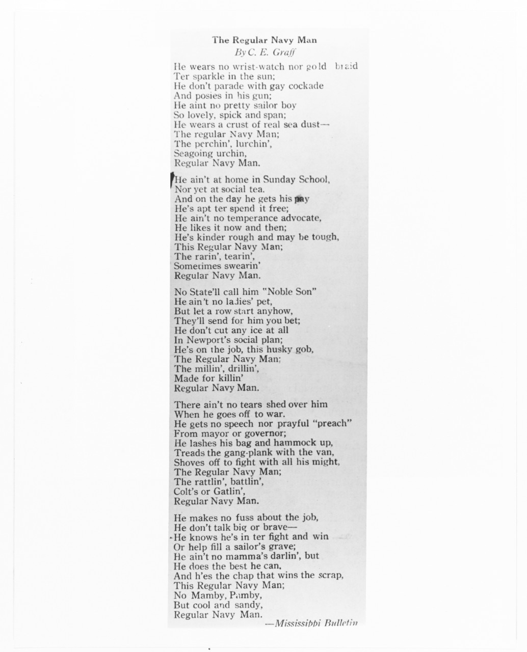Poem:  "The Regular Navy Man," by C.E. Graff, circa 1920.