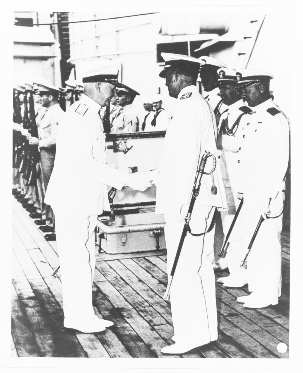 Admiral Claude C. Bloch, Admiral James O. Richardson, Lieutenant D. Tom Eddy, Commander George C. Dyer and Captain E.F. Cutts